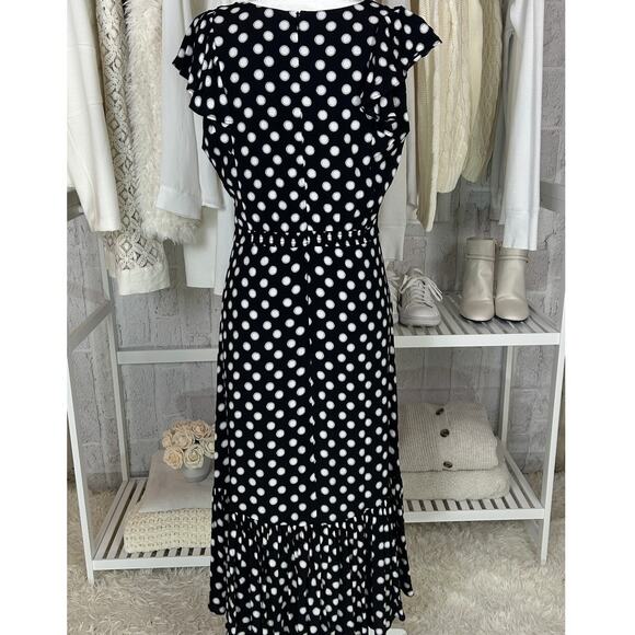 Metrostyle Women's Size 8 Black Polka Dot Ruffle Hem Midi Dress #0417 - Picture 4 of 12